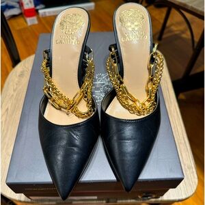 Vince Camuto heeled gold chain slip on pump